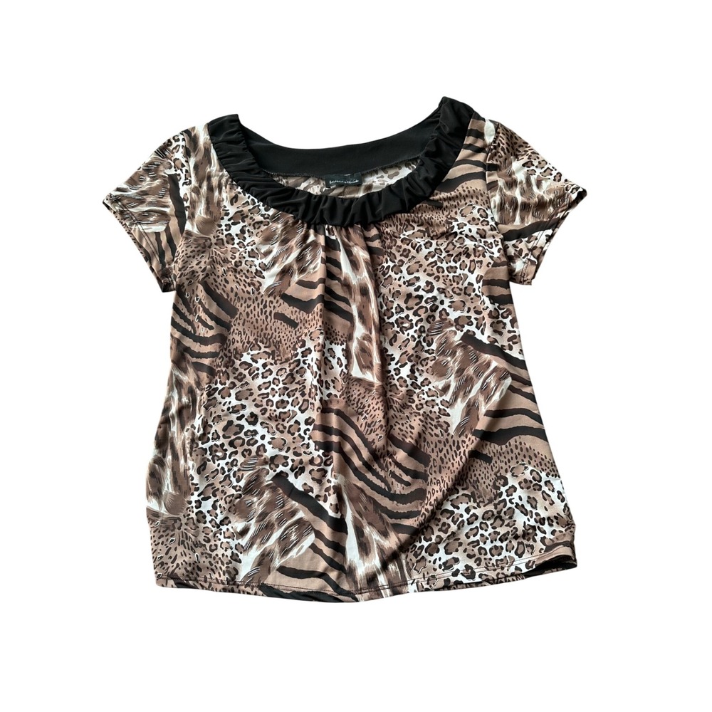 Y2k Brittany & Black Mixed Animal Print Top Leopard Zebra Pleated Neck Brown XL